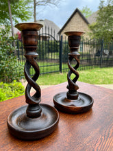 Load image into Gallery viewer, Antique English Open Barley Twist Candlesticks Candle Holders Oak PAIR 9&quot; Tall