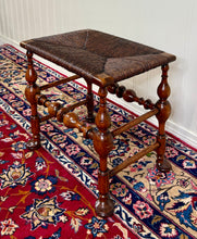 Load image into Gallery viewer, Antique English Rush Seat Bench Stool Joint Stool Turned Leg Carved Oak c. 1930s