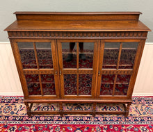 Load image into Gallery viewer, Antique English Jacobean Bookcase Bookshelf Cabinet Triple Glass Door Oak c1930s