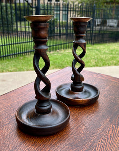 Antique English Open Barley Twist Candlesticks Candle Holders Oak PAIR 9" Tall