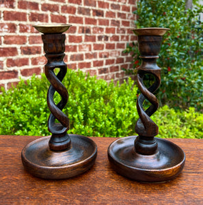 Antique English Open Barley Twist Candlesticks Candle Holders Oak PAIR 9" Tall