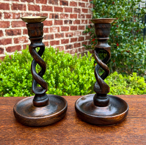 Antique English Open Barley Twist Candlesticks Candle Holders Oak PAIR 9" Tall