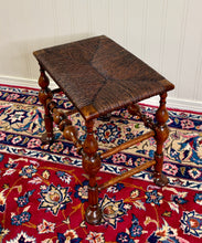 Load image into Gallery viewer, Antique English Rush Seat Bench Stool Joint Stool Turned Leg Carved Oak c. 1930s