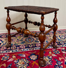 Load image into Gallery viewer, Antique English Rush Seat Bench Stool Joint Stool Turned Leg Carved Oak c. 1930s