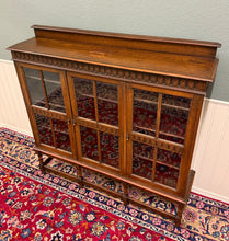 Load image into Gallery viewer, Antique English Jacobean Bookcase Bookshelf Cabinet Triple Glass Door Oak c1930s