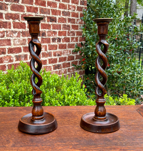 Antique English Open Barley Twist Candlesticks Candle Holders Oak PAIR 12.5" T