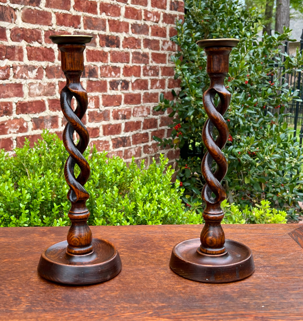 Antique English Open Barley Twist Candlesticks Candle Holders Oak PAIR 12.5