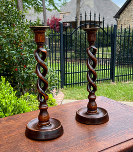 Antique English Open Barley Twist Candlesticks Candle Holders Oak PAIR 12.5" T