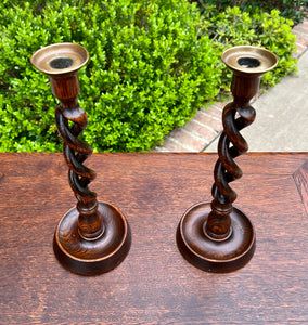 Antique English Open Barley Twist Candlesticks Candle Holders Oak PAIR 12.5" T