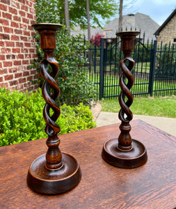 Antique English Open Barley Twist Candlesticks Candle Holders Oak PAIR 12.5" T