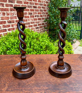 Antique English Open Barley Twist Candlesticks Candle Holders Oak PAIR 12.5" T