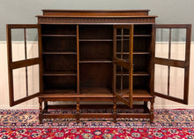 Load image into Gallery viewer, Antique English Jacobean Bookcase Bookshelf Cabinet Triple Glass Door Oak c1930s