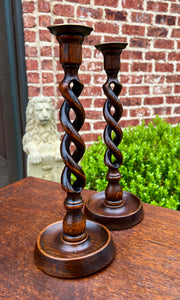 Antique English Open Barley Twist Candlesticks Candle Holders Oak PAIR 12.5" T