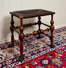 Load image into Gallery viewer, Antique English Rush Seat Bench Stool Joint Stool Turned Leg Carved Oak c. 1930s