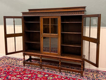 Load image into Gallery viewer, Antique English Jacobean Bookcase Bookshelf Cabinet Triple Glass Door Oak c1930s