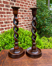 Load image into Gallery viewer, Antique English Open Barley Twist Candlesticks Candle Holders Oak PAIR 12.5&quot; T