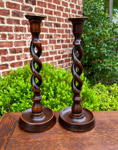 Antique English Open Barley Twist Candlesticks Candle Holders Oak PAIR 12.5" T