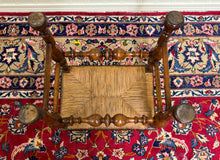Load image into Gallery viewer, Antique English Rush Seat Bench Stool Joint Stool Turned Leg Carved Oak c. 1930s
