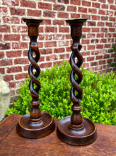 Load image into Gallery viewer, Antique English Open Barley Twist Candlesticks Candle Holders Oak PAIR 12.5&quot; T