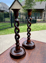 Load image into Gallery viewer, Antique English Open Barley Twist Candlesticks Candle Holders Oak PAIR 12.5&quot; T