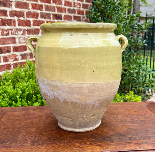 Antique French Country Confit Pot Pottery Jug Glazed Greenish Yellow Large #2