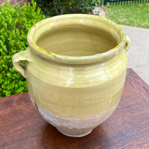 Antique French Country Confit Pot Pottery Jug Glazed Greenish Yellow Large #2