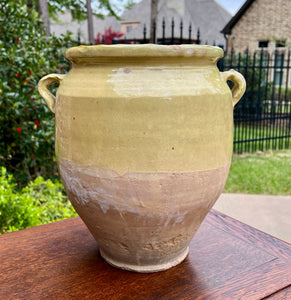 Antique French Country Confit Pot Pottery Jug Glazed Greenish Yellow Large #2