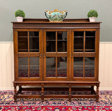 Load image into Gallery viewer, Antique English Jacobean Bookcase Bookshelf Cabinet Triple Glass Door Oak c1930s