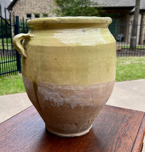 Antique French Country Confit Pot Pottery Jug Glazed Greenish Yellow Large #2