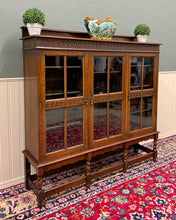 Load image into Gallery viewer, Antique English Jacobean Bookcase Bookshelf Cabinet Triple Glass Door Oak c1930s