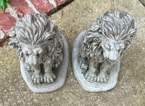 Vintage English Statues LIONS PAIR Garden Figures Cast Stone Yard Decor 16" Tall