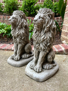 Vintage English Statues LIONS PAIR Garden Figures Cast Stone Yard Decor 16" Tall