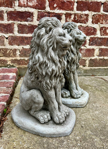 Vintage English Statues LIONS PAIR Garden Figures Cast Stone Yard Decor 16" Tall