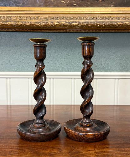 Antique English Barley Twist Candlesticks Candle Holders Oak PAIR 10.5