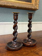 Load image into Gallery viewer, Antique English Barley Twist Candlesticks Candle Holders Oak PAIR 10.5&quot; Tall