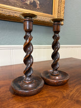 Load image into Gallery viewer, Antique English Barley Twist Candlesticks Candle Holders Oak PAIR 10.5&quot; Tall