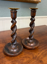 Load image into Gallery viewer, Antique English Barley Twist Candlesticks Candle Holders Oak PAIR 10.5&quot; Tall