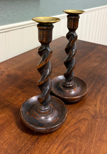 Load image into Gallery viewer, Antique English Barley Twist Candlesticks Candle Holders Oak PAIR 10.5&quot; Tall