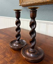 Load image into Gallery viewer, Antique English Barley Twist Candlesticks Candle Holders Oak PAIR 10.5&quot; Tall