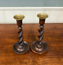 Load image into Gallery viewer, Antique English Barley Twist Candlesticks Candle Holders Oak PAIR 10.5&quot; Tall