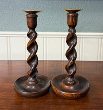 Load image into Gallery viewer, Antique English Barley Twist Candlesticks Candle Holders Oak PAIR 10.5&quot; Tall