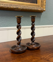 Load image into Gallery viewer, Antique English Barley Twist Candlesticks Candle Holders Oak PAIR 10.5&quot; Tall