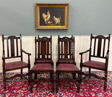 Load image into Gallery viewer, Antique English Dining Chairs (6) Burgundy Leather Barley Twist Oak c. 1930s