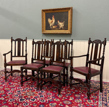 Load image into Gallery viewer, Antique English Dining Chairs (6) Burgundy Leather Barley Twist Oak c. 1930s