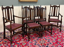 Load image into Gallery viewer, Antique English Dining Chairs (6) Burgundy Leather Barley Twist Oak c. 1930s