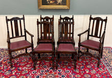Load image into Gallery viewer, Antique English Dining Chairs (6) Burgundy Leather Barley Twist Oak c. 1930s