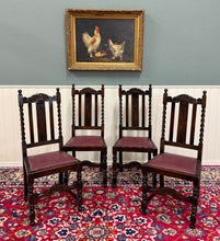 Load image into Gallery viewer, Antique English Dining Chairs (6) Burgundy Leather Barley Twist Oak c. 1930s