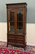 Load image into Gallery viewer, Antique English Jacobean Bookcase Cabinet Double Door Glass Drawers Oak c.1930s