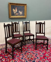 Load image into Gallery viewer, Antique English Dining Chairs (6) Burgundy Leather Barley Twist Oak c. 1930s