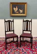 Load image into Gallery viewer, Antique English Dining Chairs (6) Burgundy Leather Barley Twist Oak c. 1930s